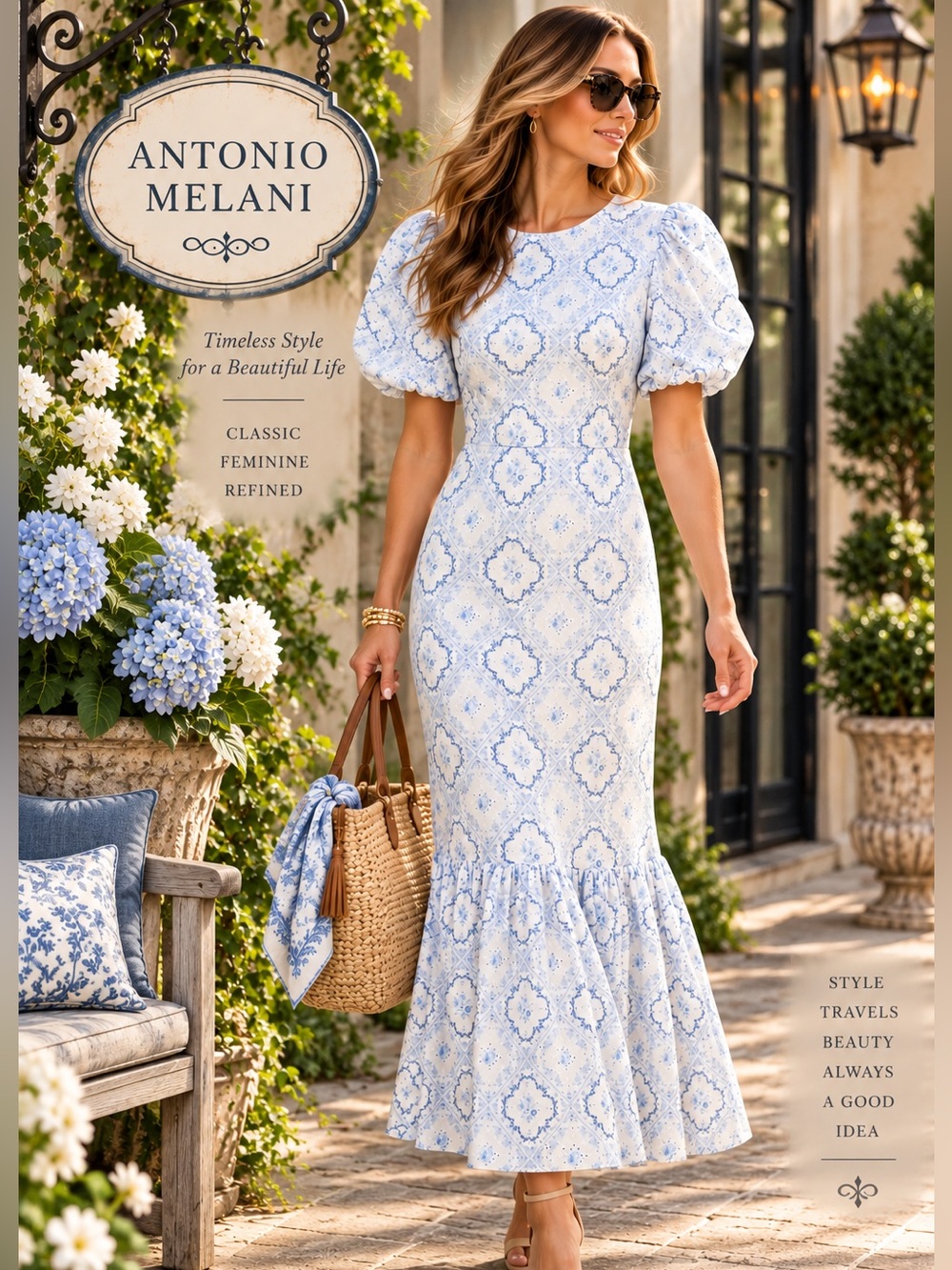Antonio Melani Blue White Cotton Eyelet Toile Puff Sleeve Maxi Dress Size 10